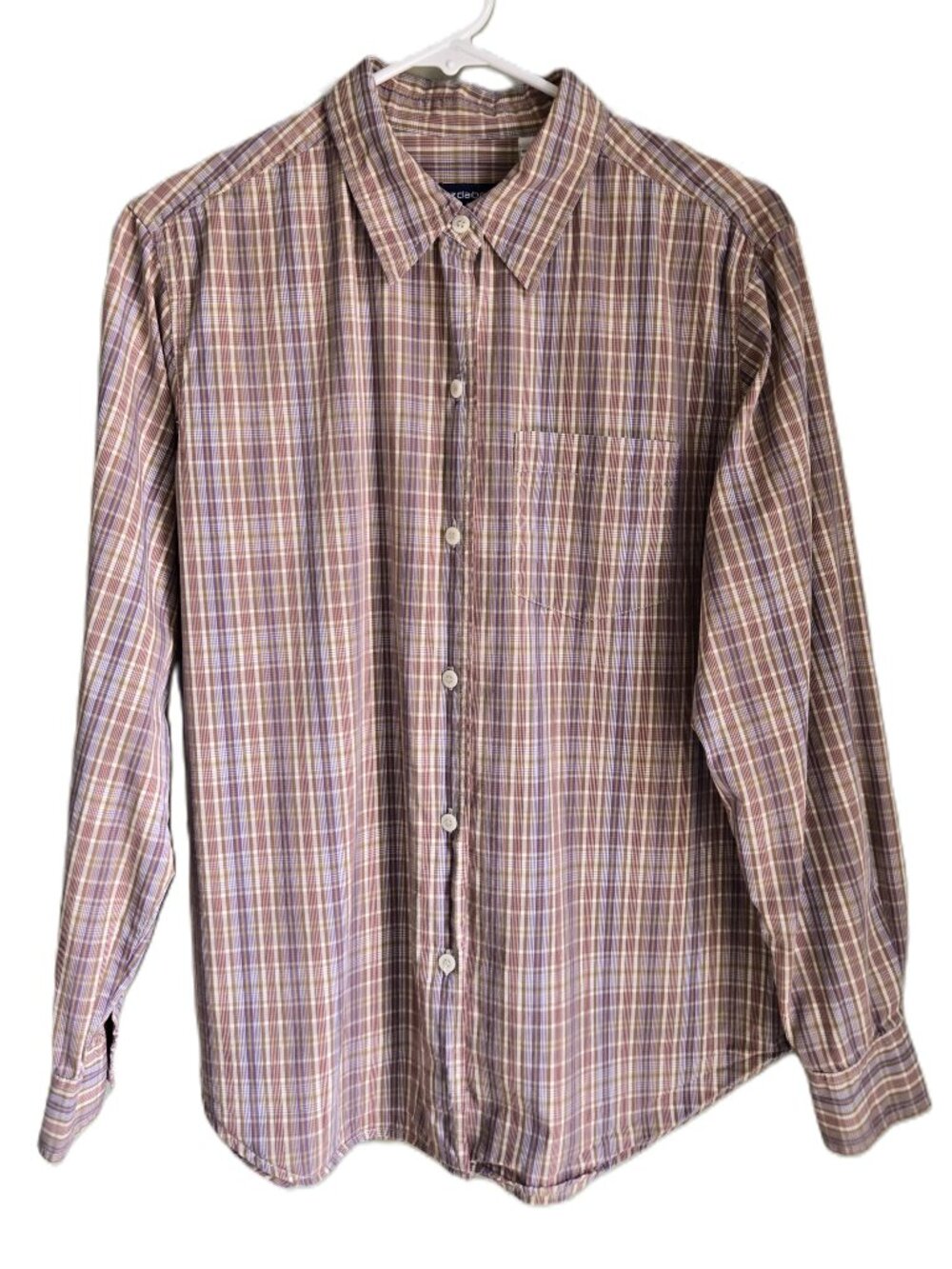 LIZ CLAIBORNE Women's M Button Down Plaid Shirt 100% Cotton Brown/Purple
